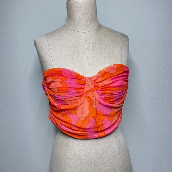 Zara Top Women L Pink Orange Floral Sweetheart Strapless Tulle Sheer Crop Ruched - Picture 14 of 14